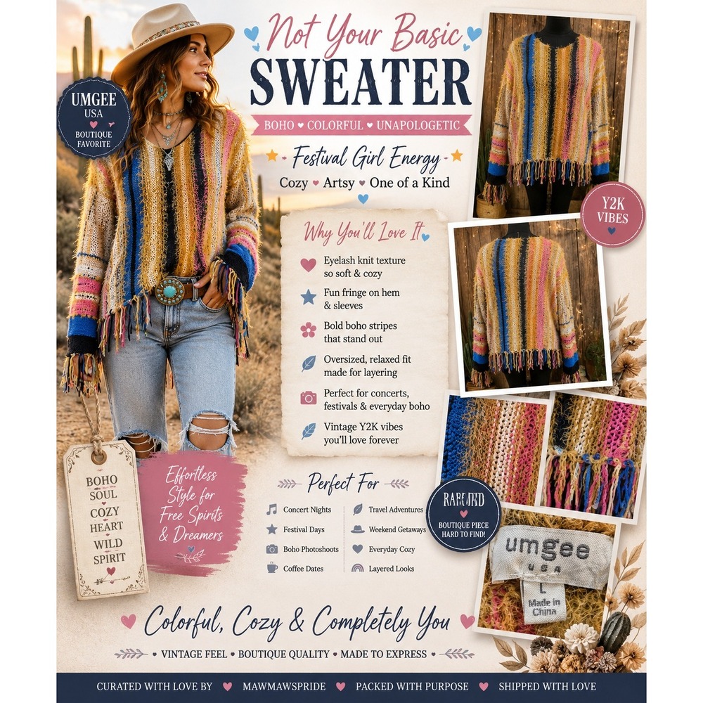 Umgee USA Boho Eyelash Knit Fringe‎ Sweater Statement Piece Y2K Festival L
